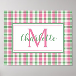 Snygg rosa och grön rutig monogram poster