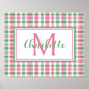 Snygg rosa och grön rutig monogram poster