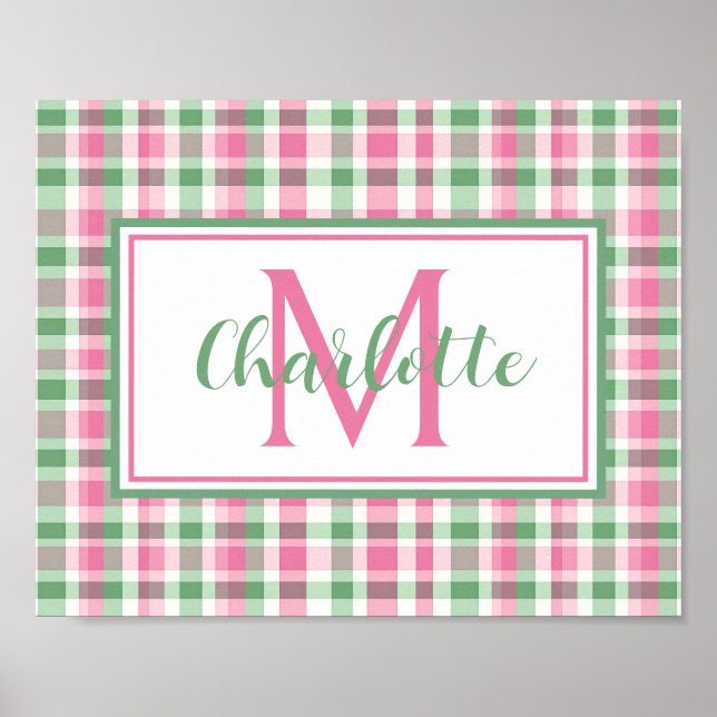 Snygg rosa och grön rutig monogram poster (Framsidan)
