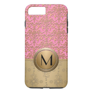 Snygg rosa och guld monogram damaskmönster