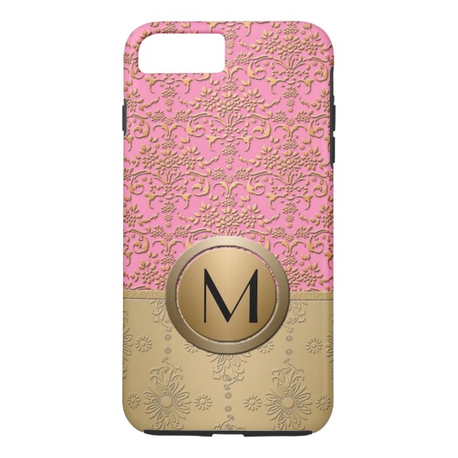 Snygg rosa och guld monogram damaskmönster Case-Mate iPhone skal (Baksida)