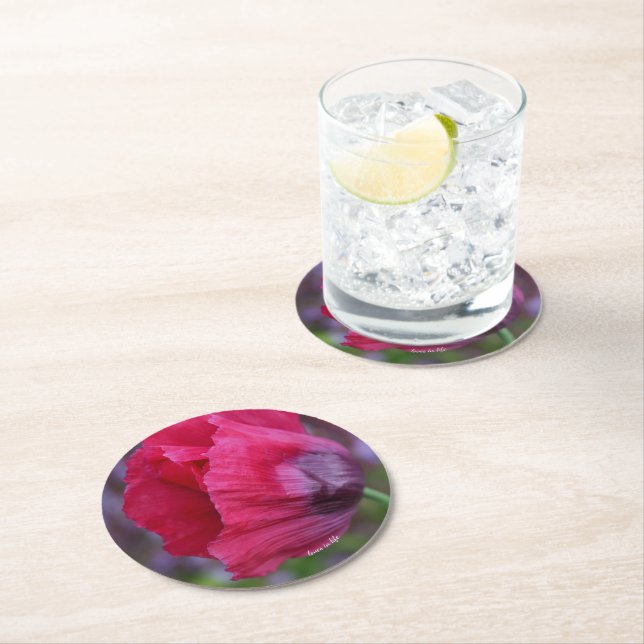 Snygg Rosa och Lila Poppy Flower Underlägg Papper Rund (Insitu)
