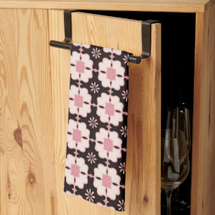 Snygg Rosa och Mörk Brown Blommigt Tile Mönster Kökshandduk