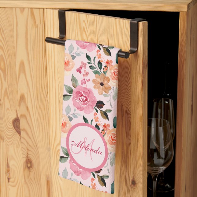 Snygg Rosa, Orange Tan Blommigt Monogrammed Kökshandduk (Thirds Fold)