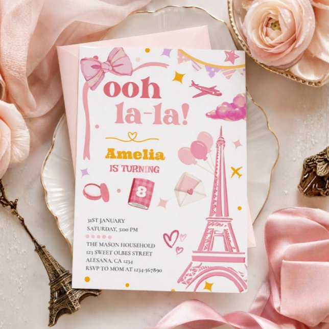 Snygg rosa Paris Eiffeltorn Inbjudan Randig (Ooh la la Pink Paris Eiffel Tower Invitation )