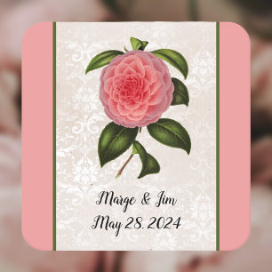 Snygg Rosa Peony på Lacey Tittar Damask och Namn Underlägg Papper Kvadrat