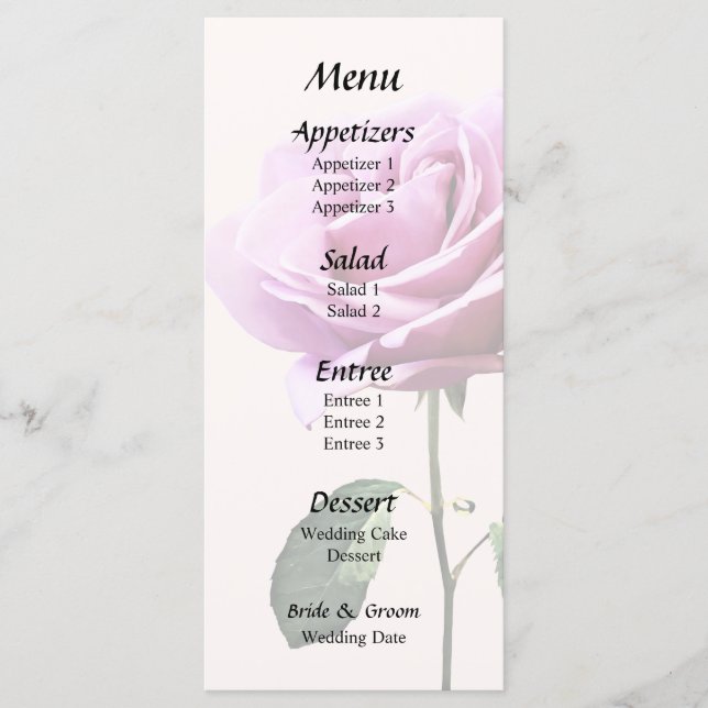 Snygg Rosa ros med Löv Bröllop Menu Meny (Framsida)