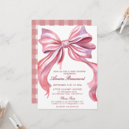 Snygg Rosa Rosett & Rutig Tjej Bebis Shower Inbjudningar