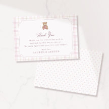 Snygg rosa rutig teddybjörn baby shower tackkort
