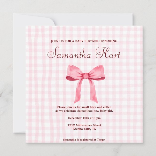 Snygg Rosa SimpleGingham Rosa Bow Baby Shower Inbjudningar (Framsida)