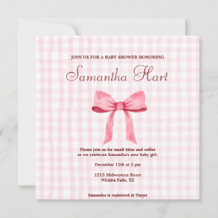 Snygg Rosa SimpleGingham Rosa Bow Baby Shower Inbjudningar
