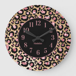 Snygg Rosa Svart Gepard Leopardtryck Monogram Stor Klocka