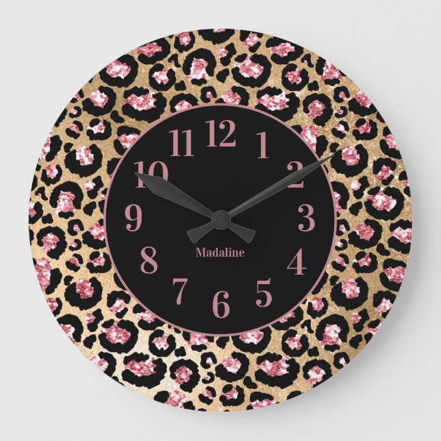 Snygg Rosa Svart Gepard Leopardtryck Monogram Stor Klocka (Framsida)