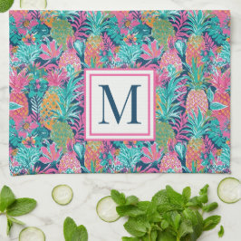 Snygg rosa teal marinblå Pineapple Monogram Kökshandduk
