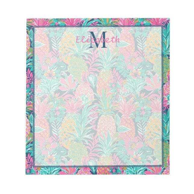 Snygg Rosa Turkos Marinblå Ananas Monogram Anteckningsblock (Framsida)