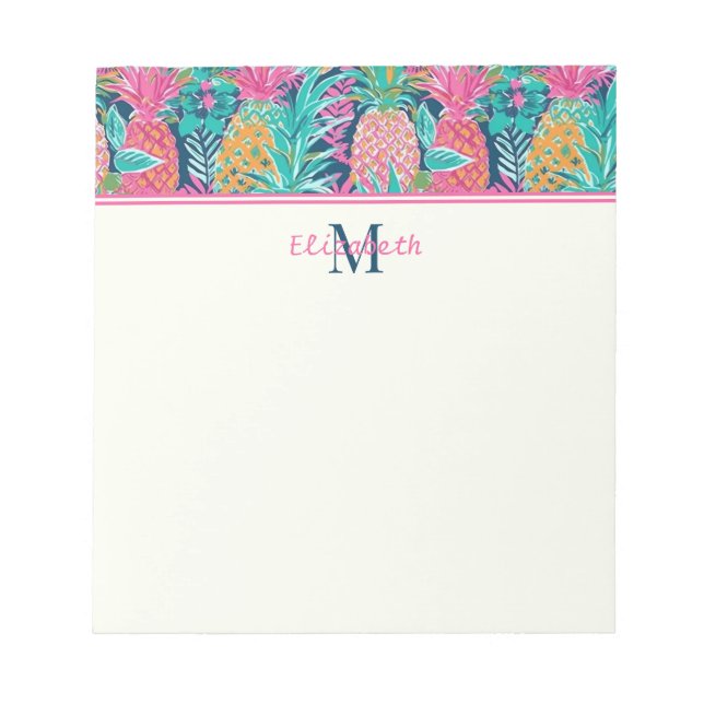 Snygg Rosa Turkos Marinblå Ananas Monogram Anteckningsblock (Framsida)