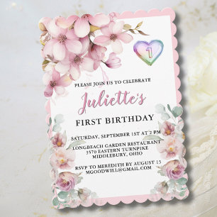 Snygg Rosa Watercolor Flowers First Birthday Julkort