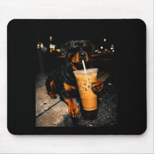Snygg rottweiler som dricker iskaffe rolig hundkon musmatta