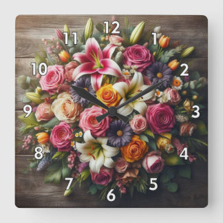 Snygg, rund Blommigt-bild på träplåtar Fyrkantig Klocka