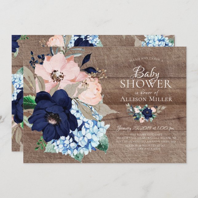 Snygg Rustic Navy &  Blommigt Baby Shower Inbjudningar (Fram/baksida)
