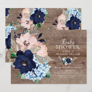 Snygg Rustic Navy &  Blommigt Baby Shower Inbjudningar