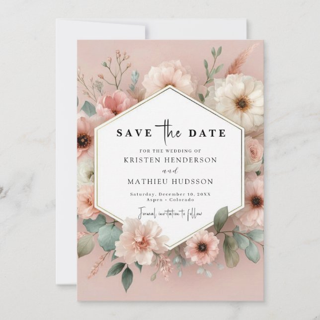 Snygg Rustic Rosa Blommigt Bröllop Spara Datumet (Framsida)