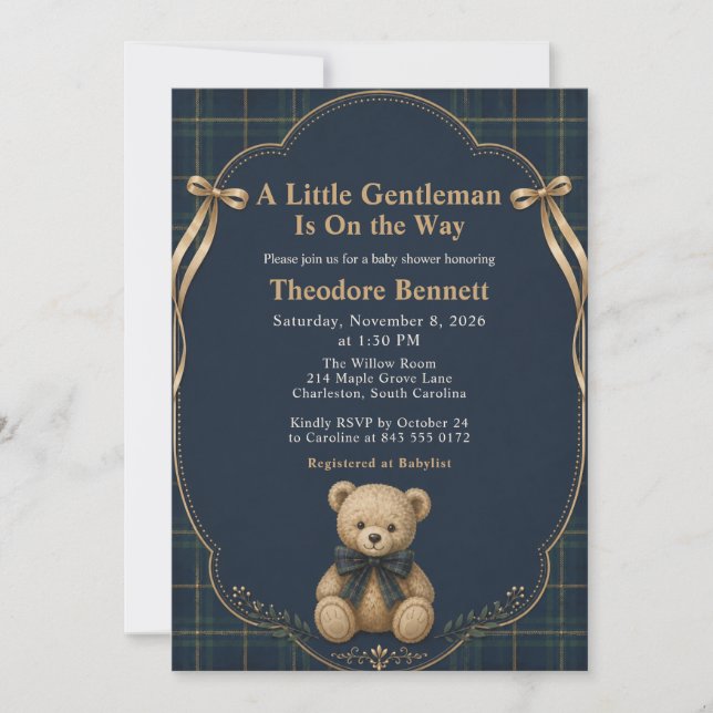 Snygg Rutig Teddybjörn Baby Shower Inbjudningar (Framsida)
