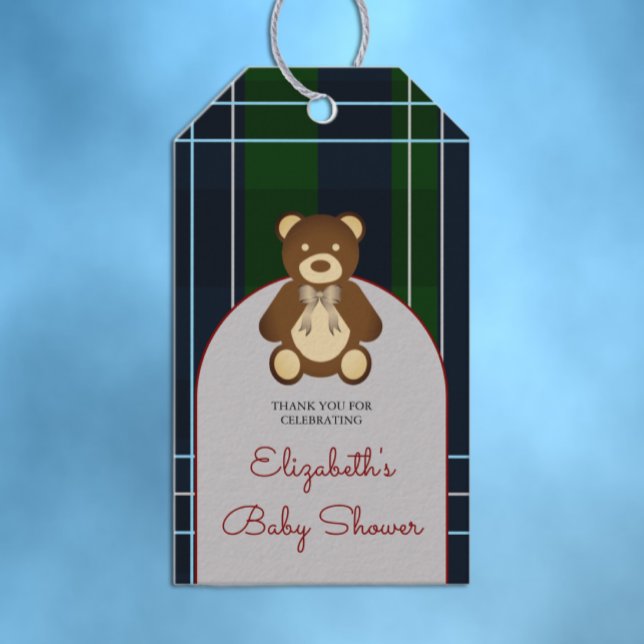 Snygg rutig teddybjörn bebisshower presentetikett (Skapare uppladdad)