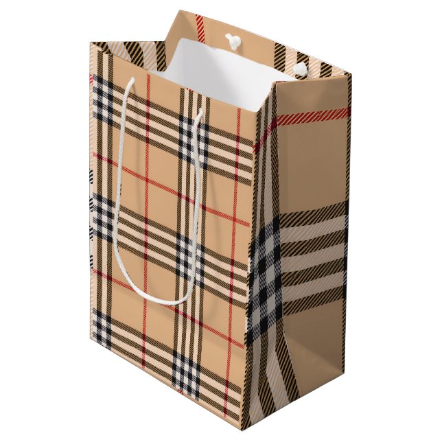 Snygg Rutig Varm Tan Bas Vit Svart Brun Tartan (Framsidan Vinklad)
