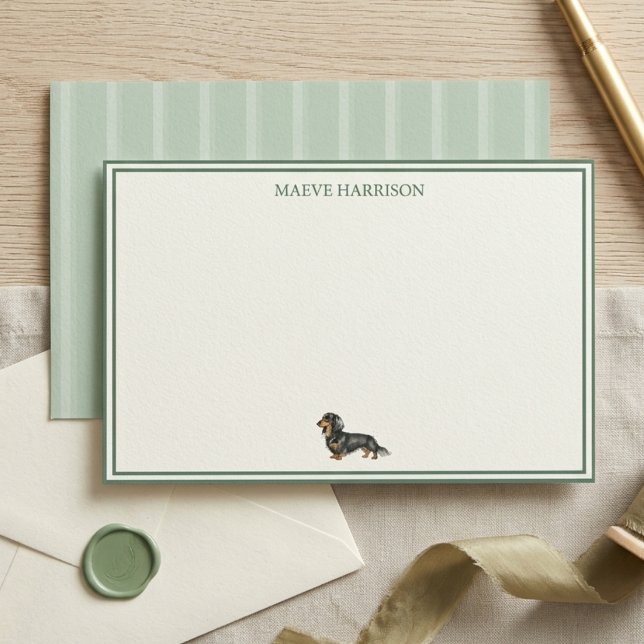 Snygg saffiansgrön randig dachshund brevpapper (Preppy Sage Green Stripe Dachshund Stationery)