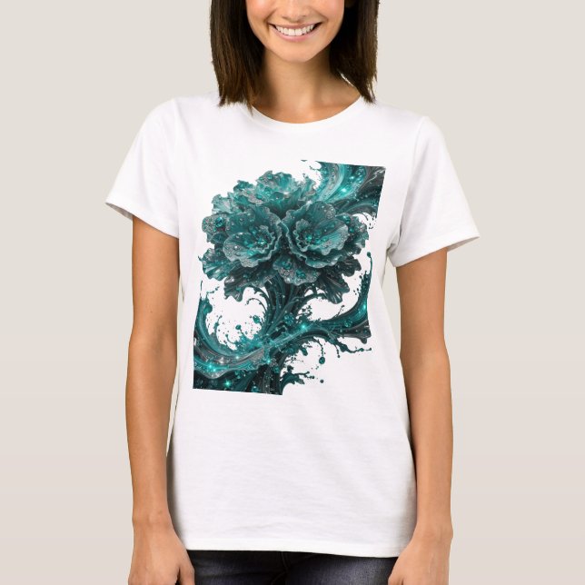 Snygg silver BLÅ BLOMMIG DESIGN T-shirt (Framsida)