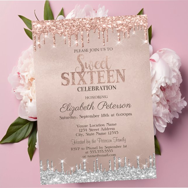 Snygg Silver Glitterdroppar Roséguld  Sweet 16 Inbjudningar (Skapare uppladdad)