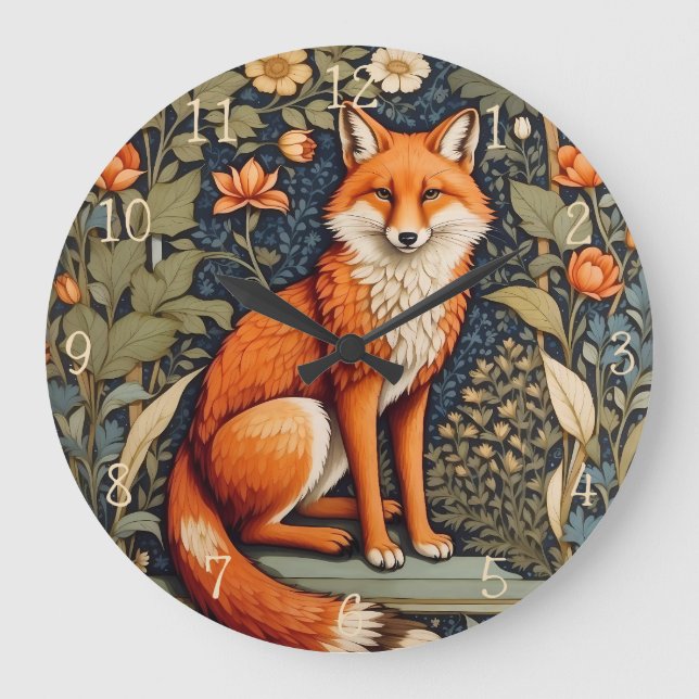 Snygg Sitta Red Fox William Morris Inspired Stor Klocka (Framsida)