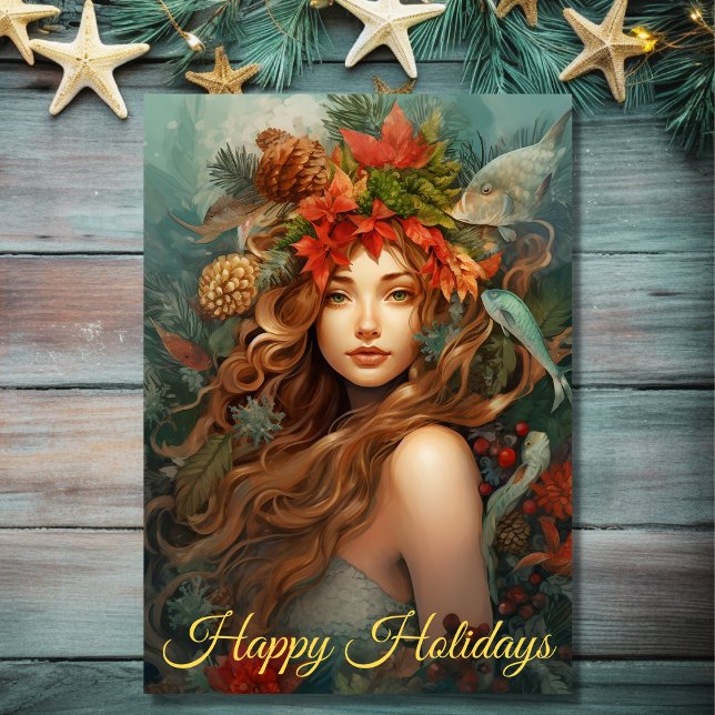 Snygg Sjöjungfru Glad helg Beach-jul (Front - Beautiful Mermaid Happy Holidays Beach Christmas Holiday Card)