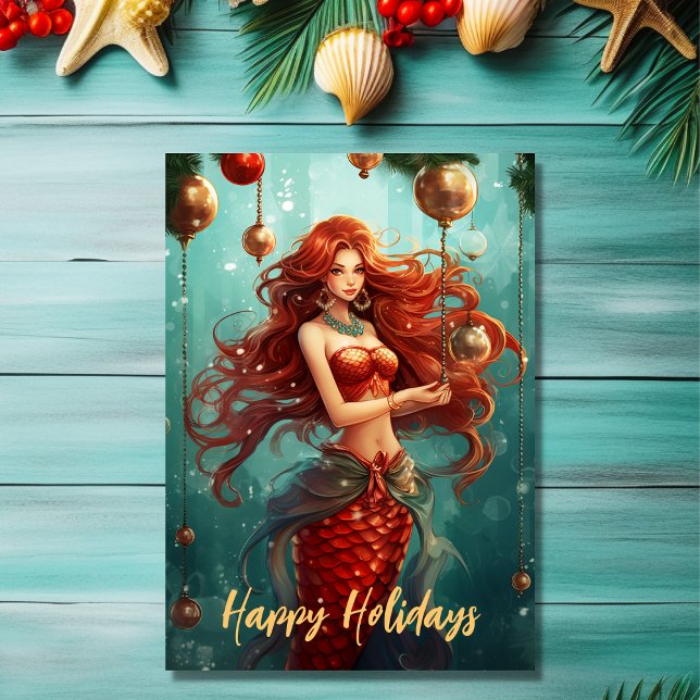 Snygg Sjöjungfru Glad helg jul Kort (Front - Beautiful Mermaid Happy Holidays Christmas Card)