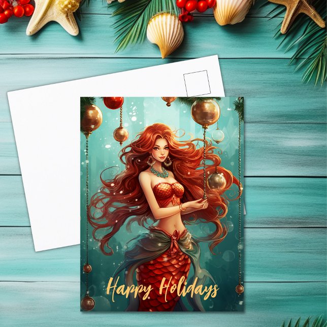Snygg Sjöjungfru Glad helg jul Vykort (Beautiful Mermaid Happy Holidays Christmas Holiday Postcard)