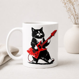 Snygg Smoking Cat Spelar Röd Elgitarr Kaffemugg