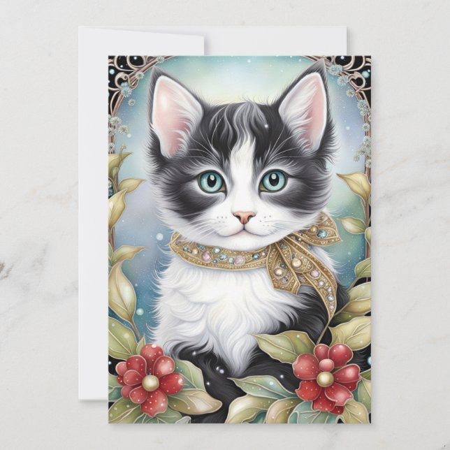 Snygg Smokingkatt Vinterflora Ram Julkort (Framsida)