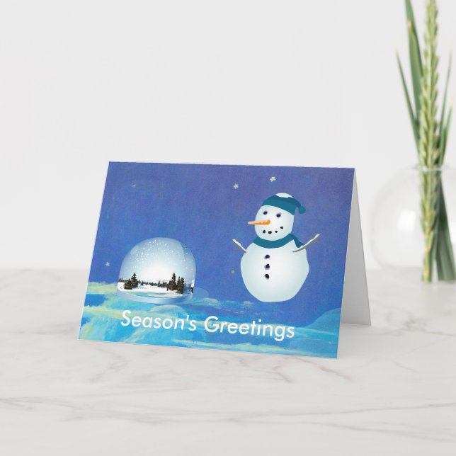 Snygg snögubbe, vit snöblå världsblå jul helgkort (Framsida)