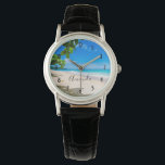 Snygg Solnys Tropical Beach Photo Armbandsur<br><div class="desc">En klocka med ett vackert foto. En vit sandstrand med azurblått vatten. Lättare bild med en solig himlar och mjuk skumbildande surfa med söta tropiska löv som ramar in bilden.</div>