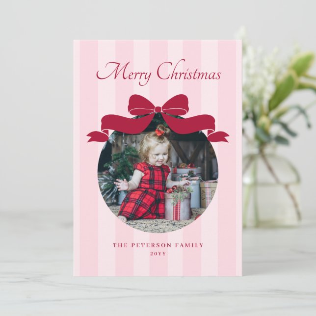 Snygg söt randig julfoto med rosett julkort (Stående Fram)