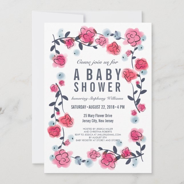 Snygg Söt Rosa Blommigt Baby Shower Inbjudan Girl (Framsida)