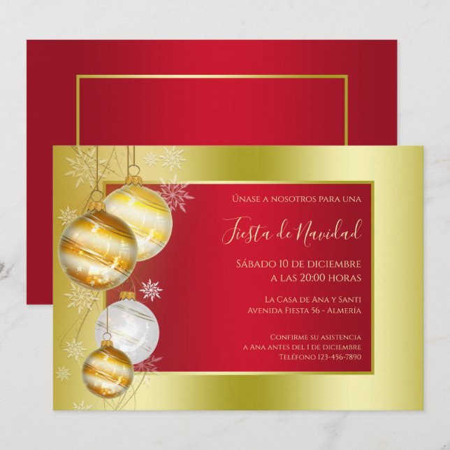 Snygg spansk text Ruby & Guld Festive jul Inbjudningar (Fram/baksida)