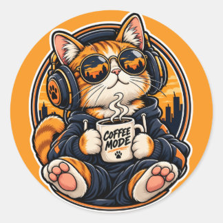 Snygg streetwear-katt som dricker kaffe runt klistermärke