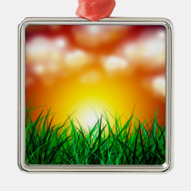 Snygg Sunrise över Fält i Grass Julgransprydnad Metall (Framsidan)