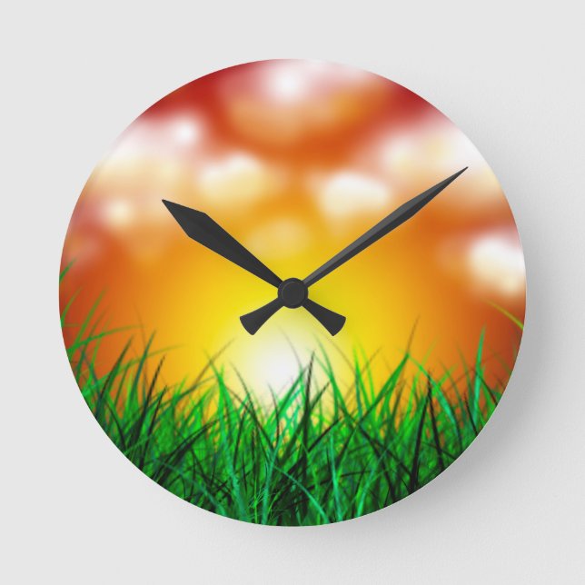 Snygg Sunrise över Fält i Grass Rund Klocka (Framsida)