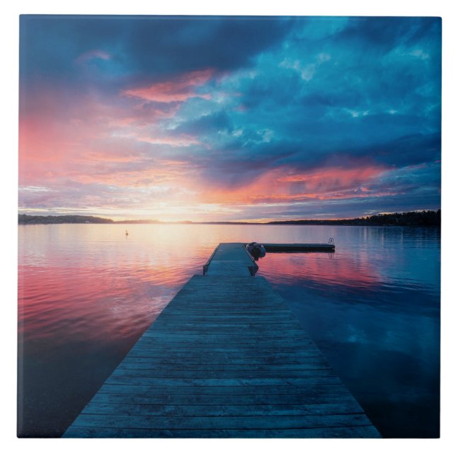 Snygg Sunset på Lugnen Sjö Kakelplatta (Framsidan)