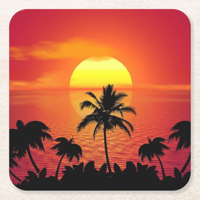 Snygg Sunset Scene Handflatan Träd Bright-Coola Underlägg Papper Kvadrat (Framsidan)