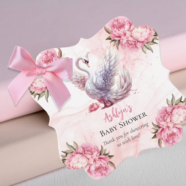 Snygg Svan Rosa Blommigt Baby Shower Gåvor Etiketter (Beautiful Swan Pink Floral Peonies Girl Baby Shower Favor Tags)