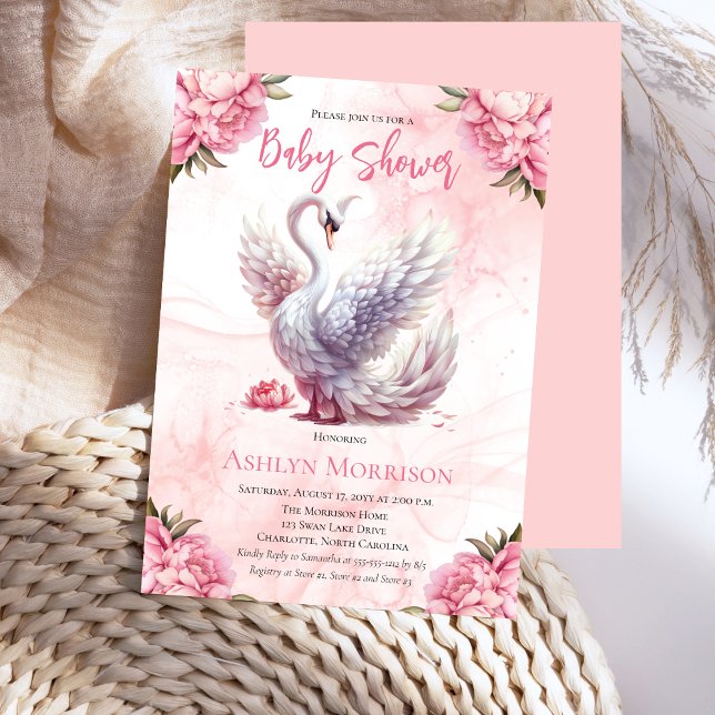 Snygg Svan Rosa Blommigt Baby Shower Inbjudningar (Beautiful Swan Pink Floral Girl Baby Shower Invitation)